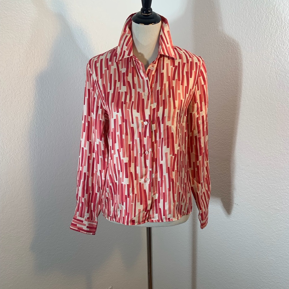 New List🌹Vintage Michael Kors Pink & White Silk Long Sleeve Button Down Blouse